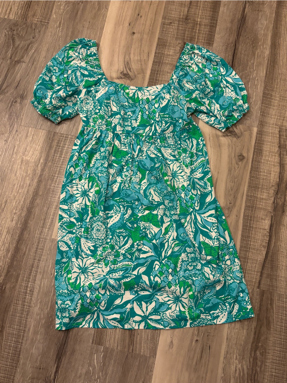 Lilly Pulitzer Teal, White & Green Floral Puff Sleeve Dress